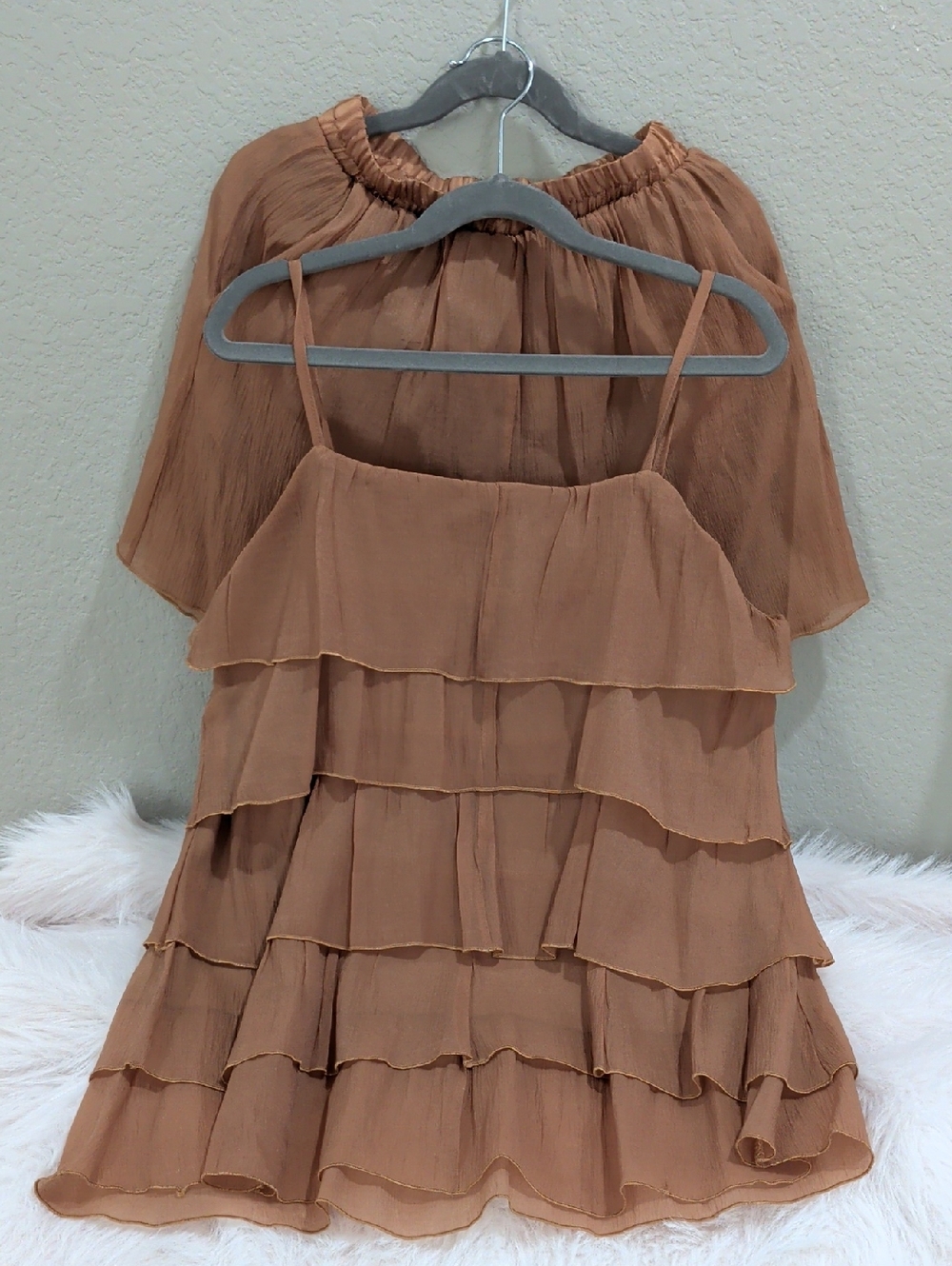 Layered Ruffle Spaghetti Strap Top And Short in Warm Tan Size S